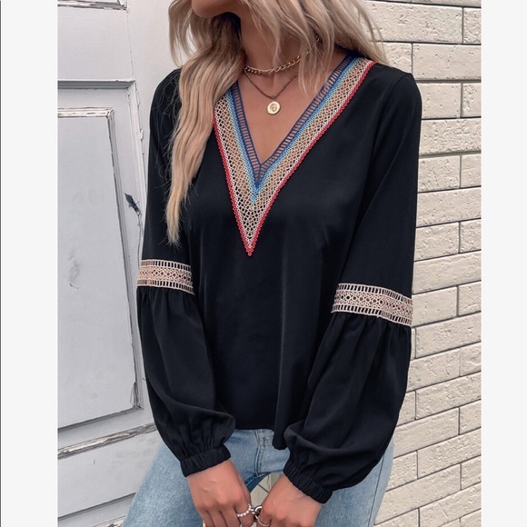 Boho Sheer Mesh Lace Long Sleeve Top Blouse Shirt Black - Picture 7 of 7